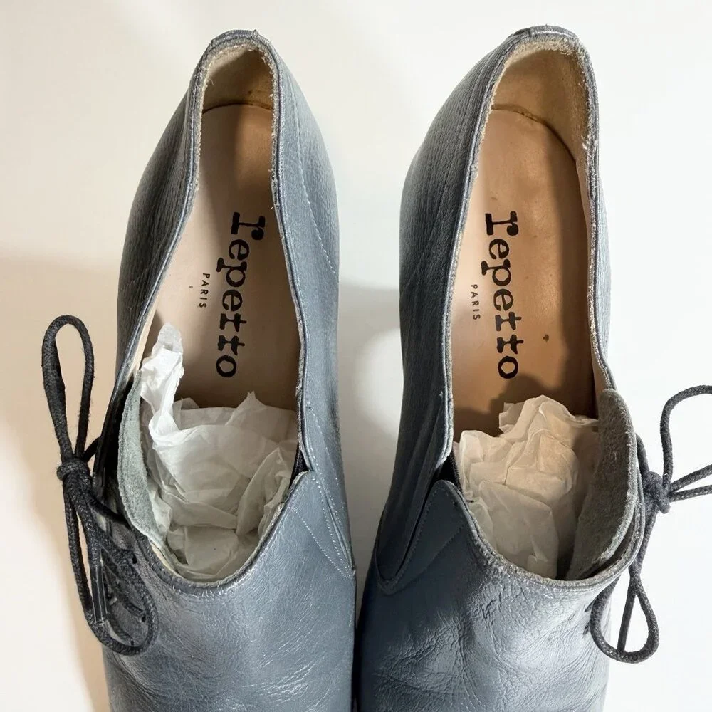 Repetto Leather Ankle Bootie Size 40 French Gray Blue Lace Up Dance Heels Shoes